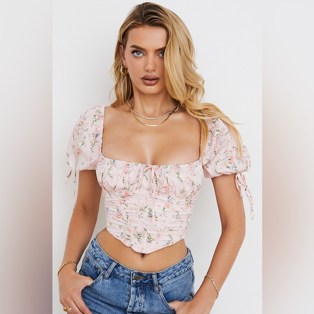 House of CB Gracie Pink Floral Puff Sleeve Corset- Small (used)